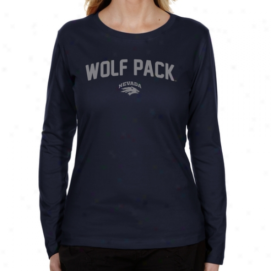 Nevada Wolf Pack Ladies Mascot Logo Long Sleeve Classic Fit T-shirt - Navy Blue