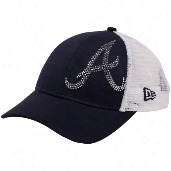 New Era Atlanta Braves Youth Girls Jr. Jersey Shimmer Mesh Hinder part Adjustable Hat - Navy Blue-white