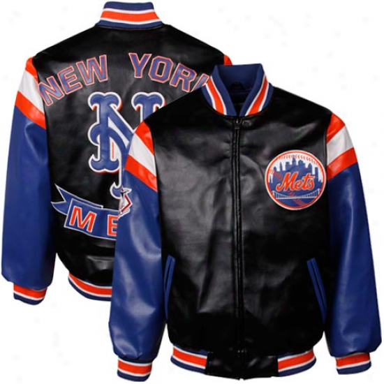 New York Mets Black Pleather Varsity Full Zip Jacket