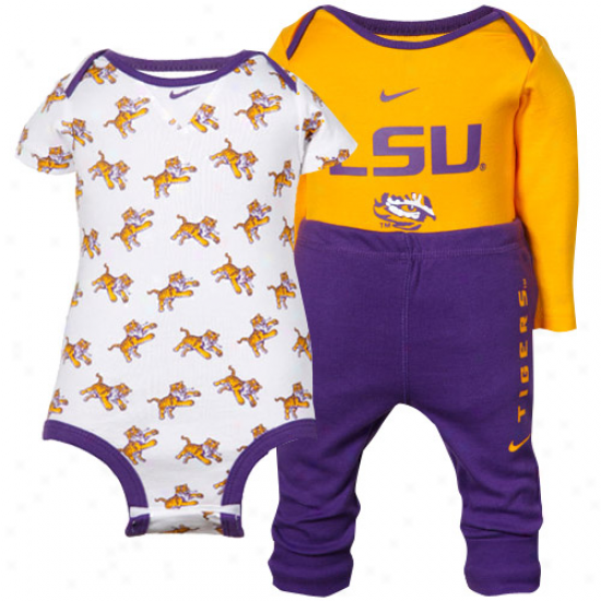 Nike Lsu Tigers Infant Purple-gold 3-piece Creeper And Pants Set