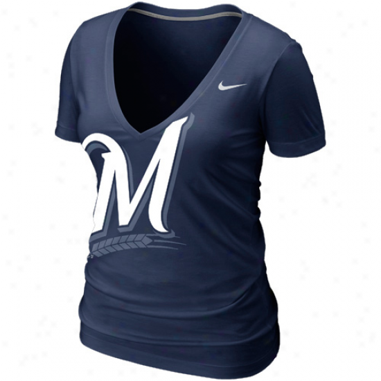 Nike Milwaukee Brewers Ladies Deep V Burnout T-shitt - Navy Blue