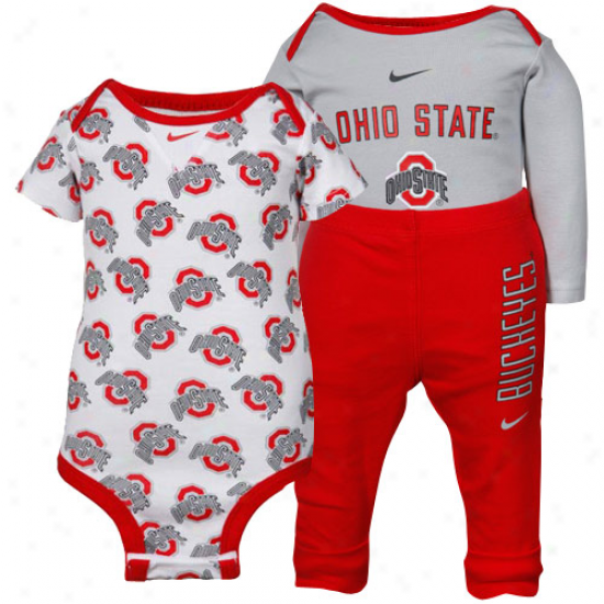 Nike Ohio State Buckeyes Infant Scarlet-grey 3-ppiece Creeper And Pants 3St