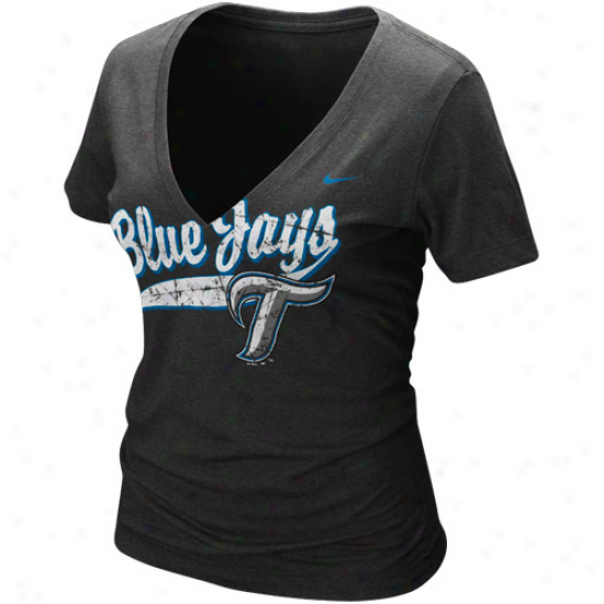 Nike Toronto Blue Jays Ladies Black Relay V-neck Tri-blemd T-shirt