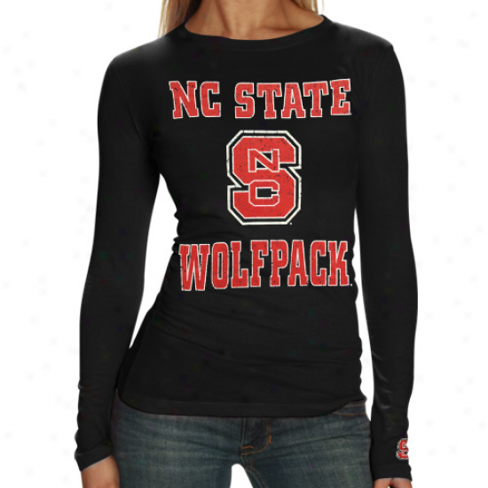 North Carolina State Wolfpack Ladies Black Distressed University Long Sleeve Tissue T-shirt-