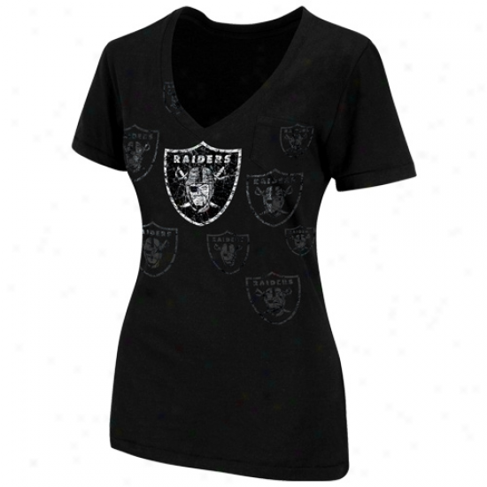 Oakland Raiders Ladies Defensive Line Deep V-neck Premium T-shirt - Black