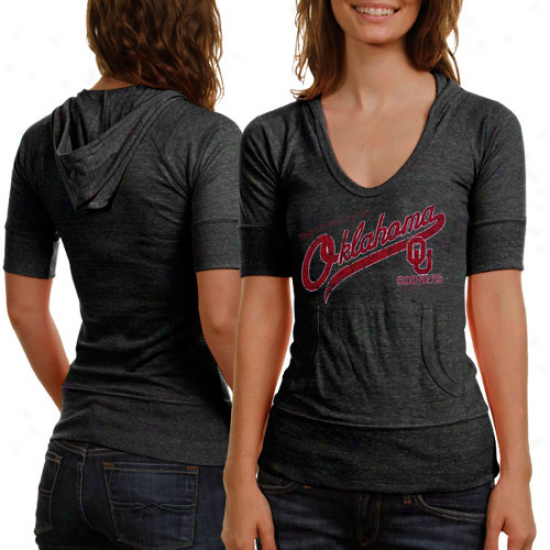 Oklahoma Sooners Ladies Captain Premium Tri-blend Half Sleeve Hoodie T-shirt - Charcoal