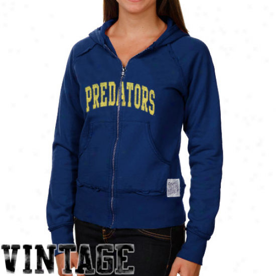 Original Retf Brand Nashville Predators Ladies Navy Blue Raw Edge Full Zip Vintage Hoodie Swatshirt