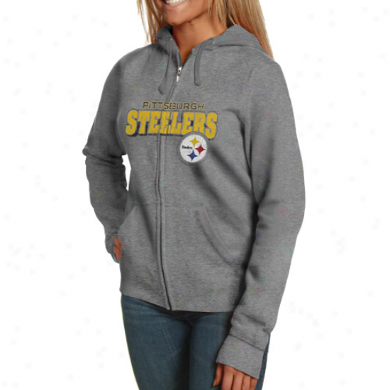 Pittsburgh Steelers Ladies Ash Football Classic Iii Fuuil Zip Hoodie Sweatshirt