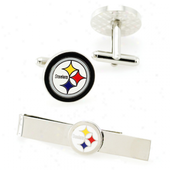 Pittsburgh Steelers Silvertone Team Logo Tie Shearing & Cufflinks Set