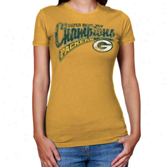 Reebok Green Bay Packerw Ladies Gold Syped Bowl Xlv Champions Scriptograph Premium T-shirt