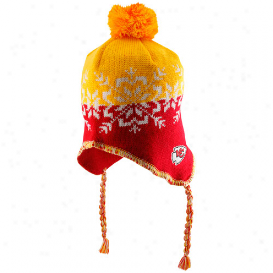 Reebok Kansas City Chiefs Ladies Red-gold Snowflake Tassel Join Beanie