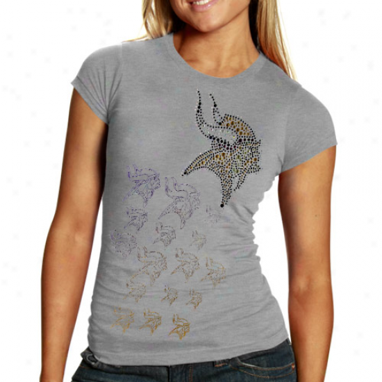 Reebok Minnesota Vikings Ladies Multi Rhinestone Logo Premium T-shirt - Ash