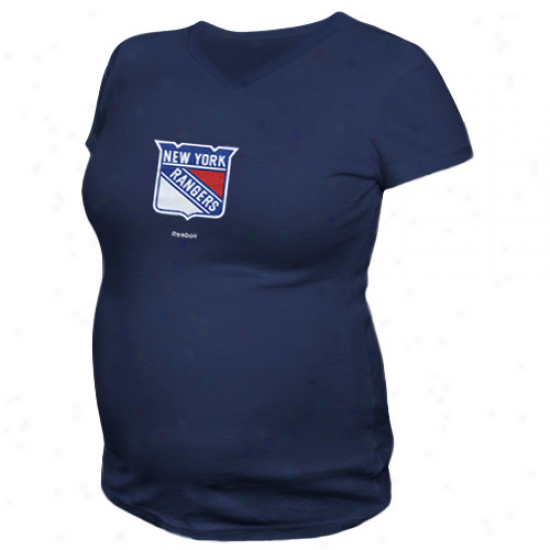 Reebok Starting a~ York Rangers Ladies Navy Blue Logo V-neck Maternity T-shirt