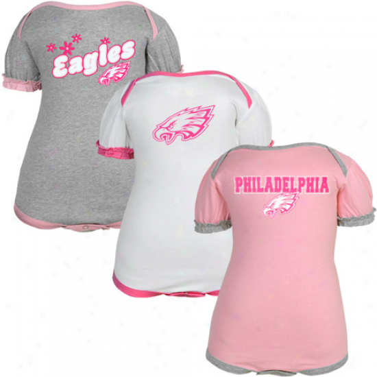 Reebok Philadelphia Eagles Infant Girls Pink-white-ash 3-pack Creeper Set