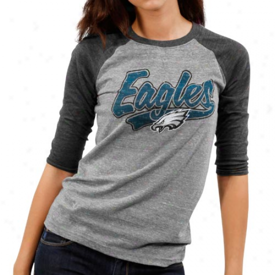 Reebok Philadelphia Eagles Ladies Tri-sweep Raglan Three-quarter Sleeve Premium Tri-blend T-shirt - Charcoal