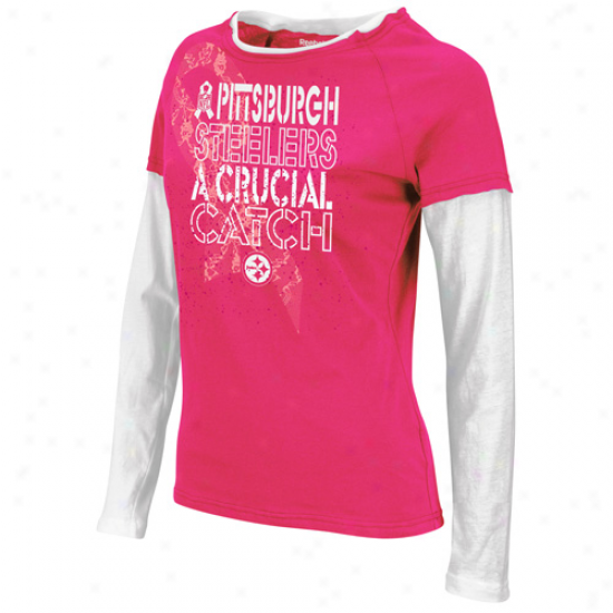 Reebok Pittssburgh Steelers aLdies Laced Up Double Layer Long Sleeve T-shirt - Pink