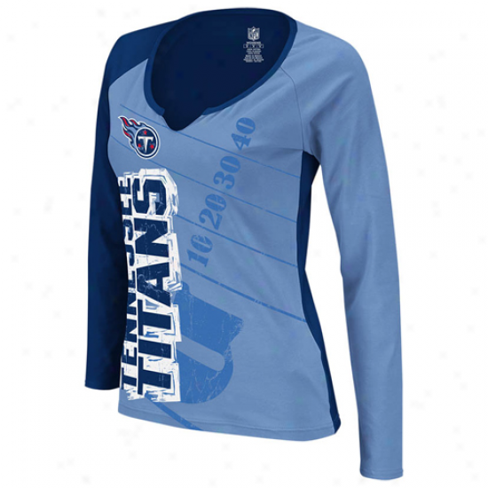 Reebok Tennessee Titans Ladies Two-toned Split Neck Premium Long Slewve T-shirt - Navy Blue-light Blue