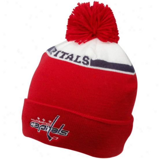 Reebok Washington Capitals Ladies Red-white Ladies Big Pom Cuffed Beanie