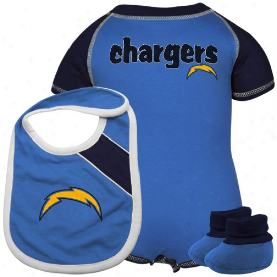 San Diego Chargers Newnorn Navy Blue-powde5 Blue Creeper, Bib & Bootie Set