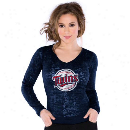 Touch By Alyssa Milano Minnesota Twins Ladies Burnout Thermal V-nexk Long Sleeve Premium T-shirt - Navy Pedantic 