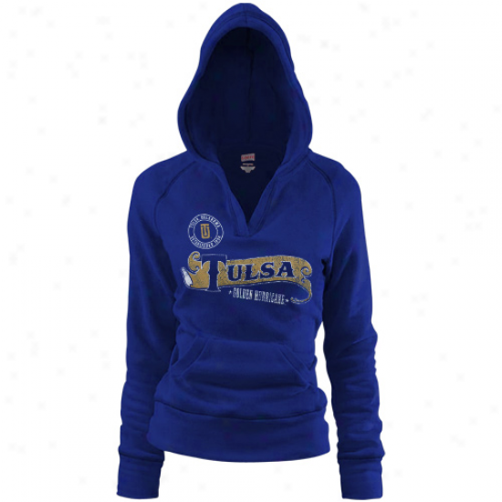 Tulsa Golden Hurricane Ladiss Royal Blue Rugby Distressed Deep V-neck Pullover Hoodie Sweatshurt