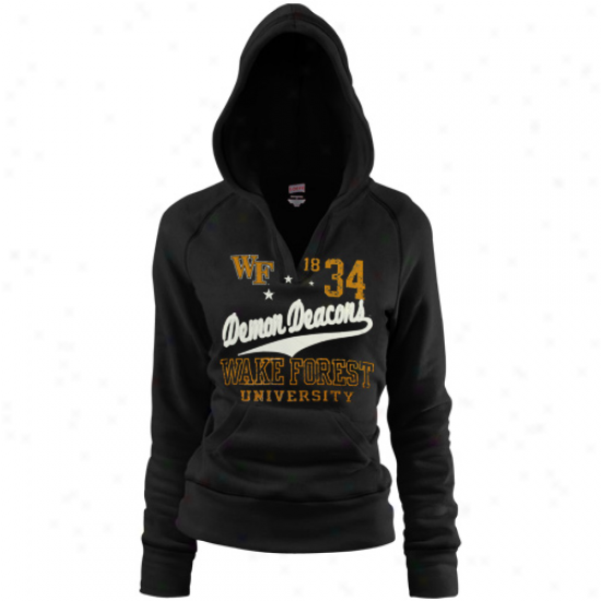 Wake Forest Demon Deacons Ladies Black Rugby Distressed Deep V-neck Hoody Swratshirt