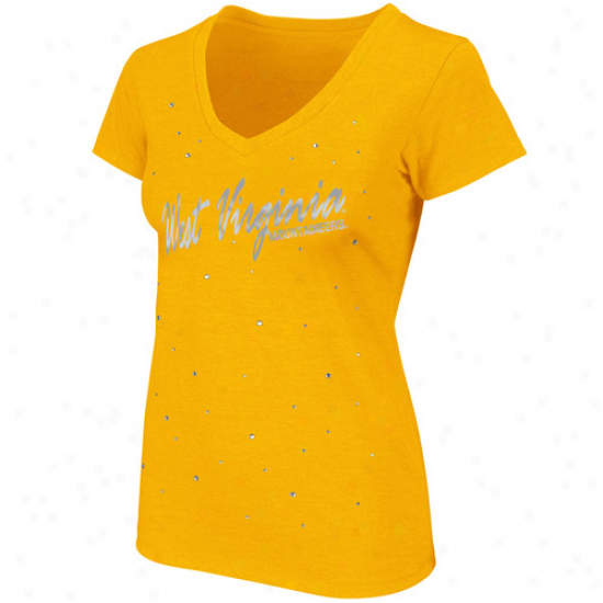 West Virginia Mountaineerw Ladies Strobe V-neck T-shirt - Gold