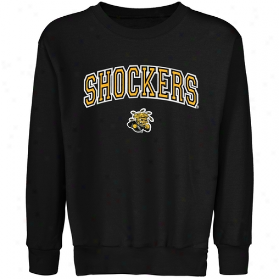 Wichita National Shockers Youth Logo Arch Applique Crew Neck Fleece Sweatshirt - Black