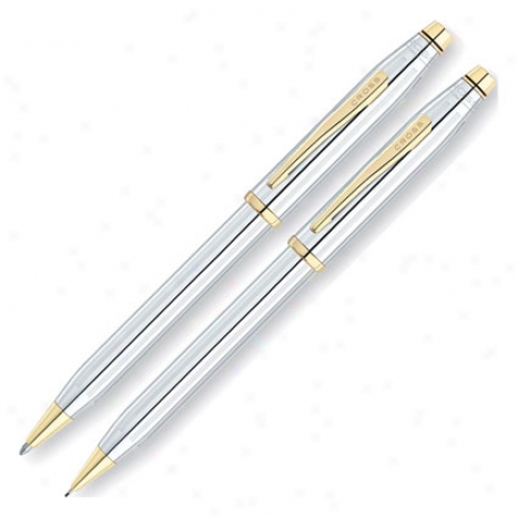 Century Ii Ballpoint Pen & Pencil Set By Cross - Medalist Chrome