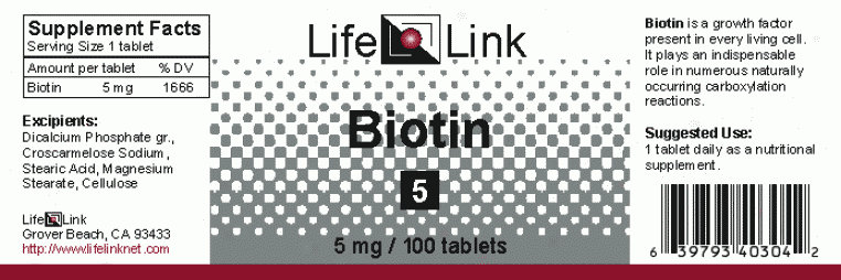 Life Link's Biotin 5mg 100tabs